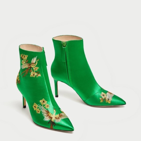 Zara Shoes - Zara Green Floral Satin Pointed Toe Booties